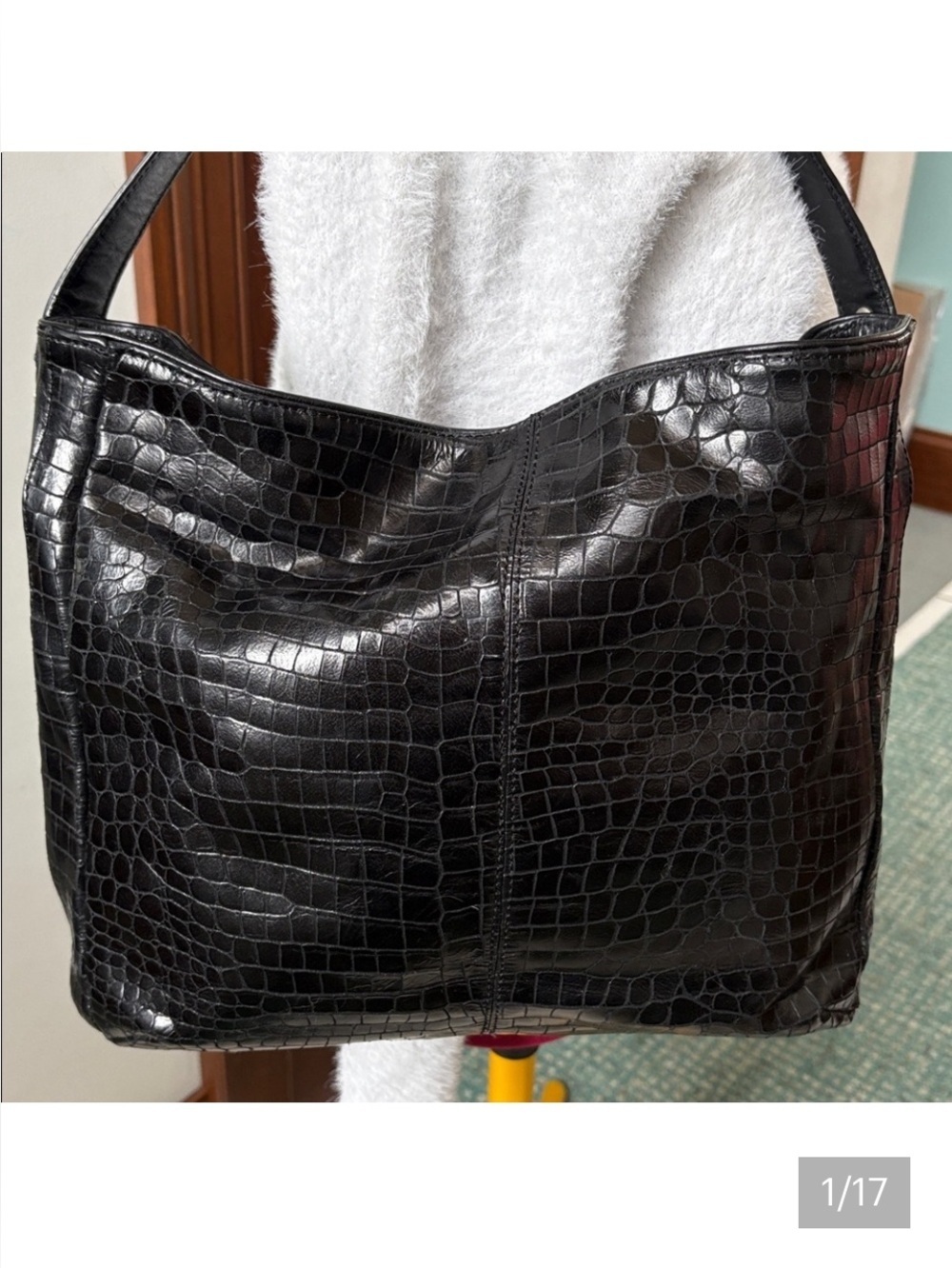 Donald Pliner  shoulder bag  croc embossed leather  black   inside top pocket